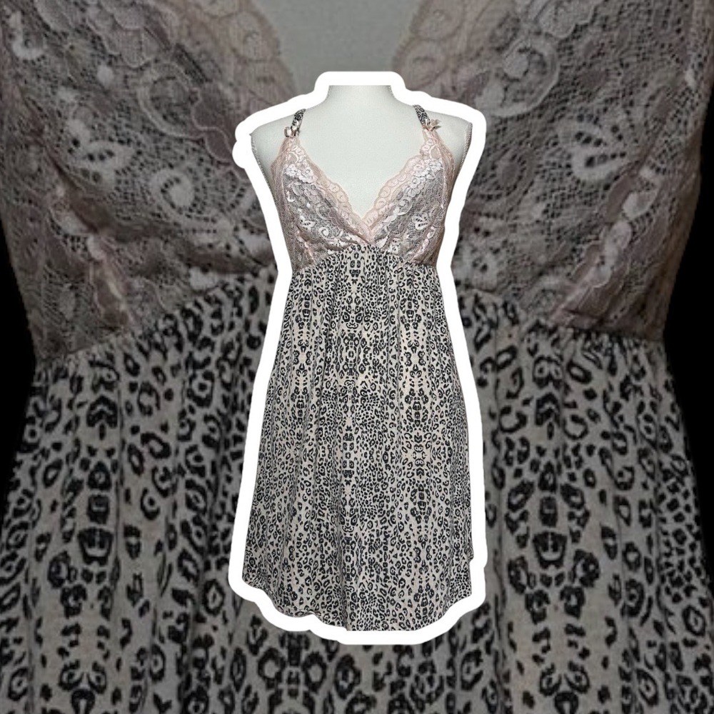 Y2K Lingerie Nightgown Slip Mini Dress Pink Lace Trim Leopard Coquette Bows M